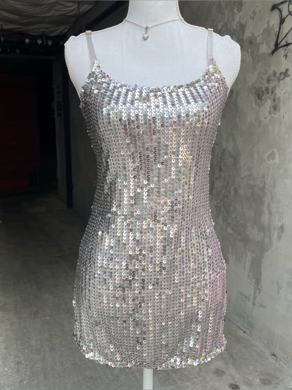 Vintage y2k Silver Sequin Disco Mini Dress